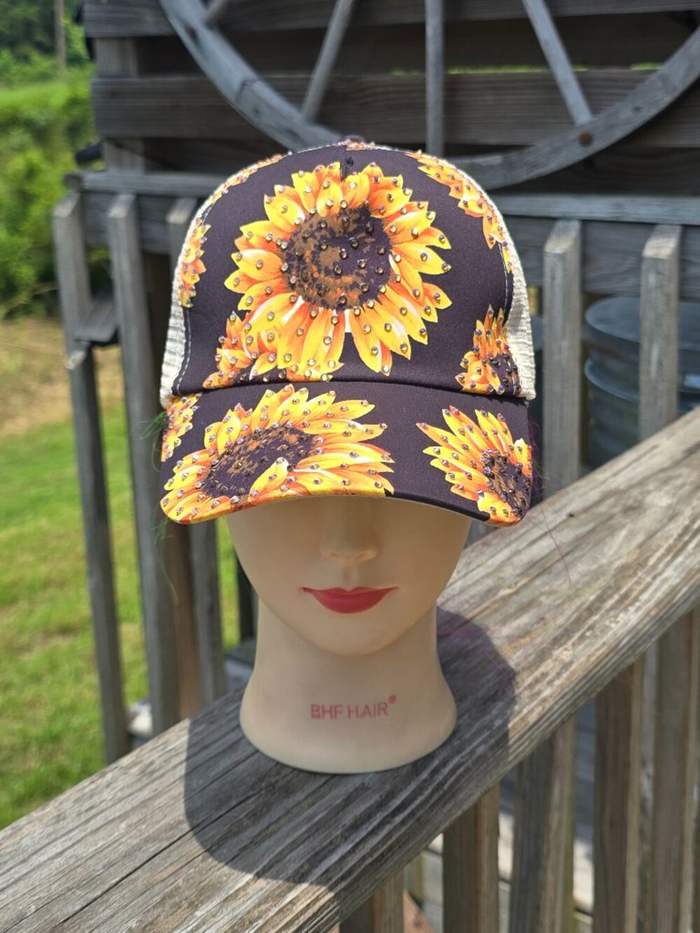 Ladies Khaki & Black Sunflowers BLING Hat new no tags